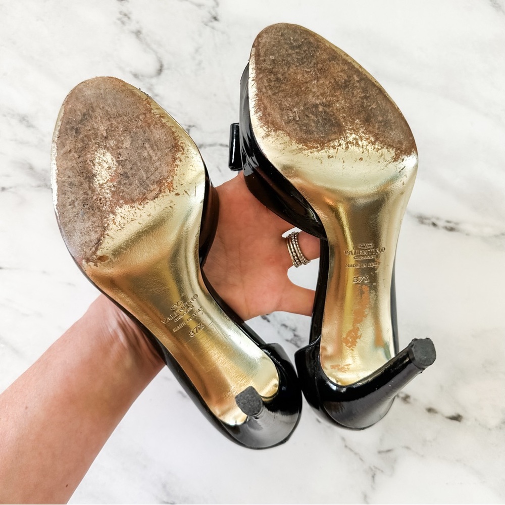 Valentino Garavani D'orsay Black Patent Bow Leather Open Toe Heels - Picture 6 of 11
